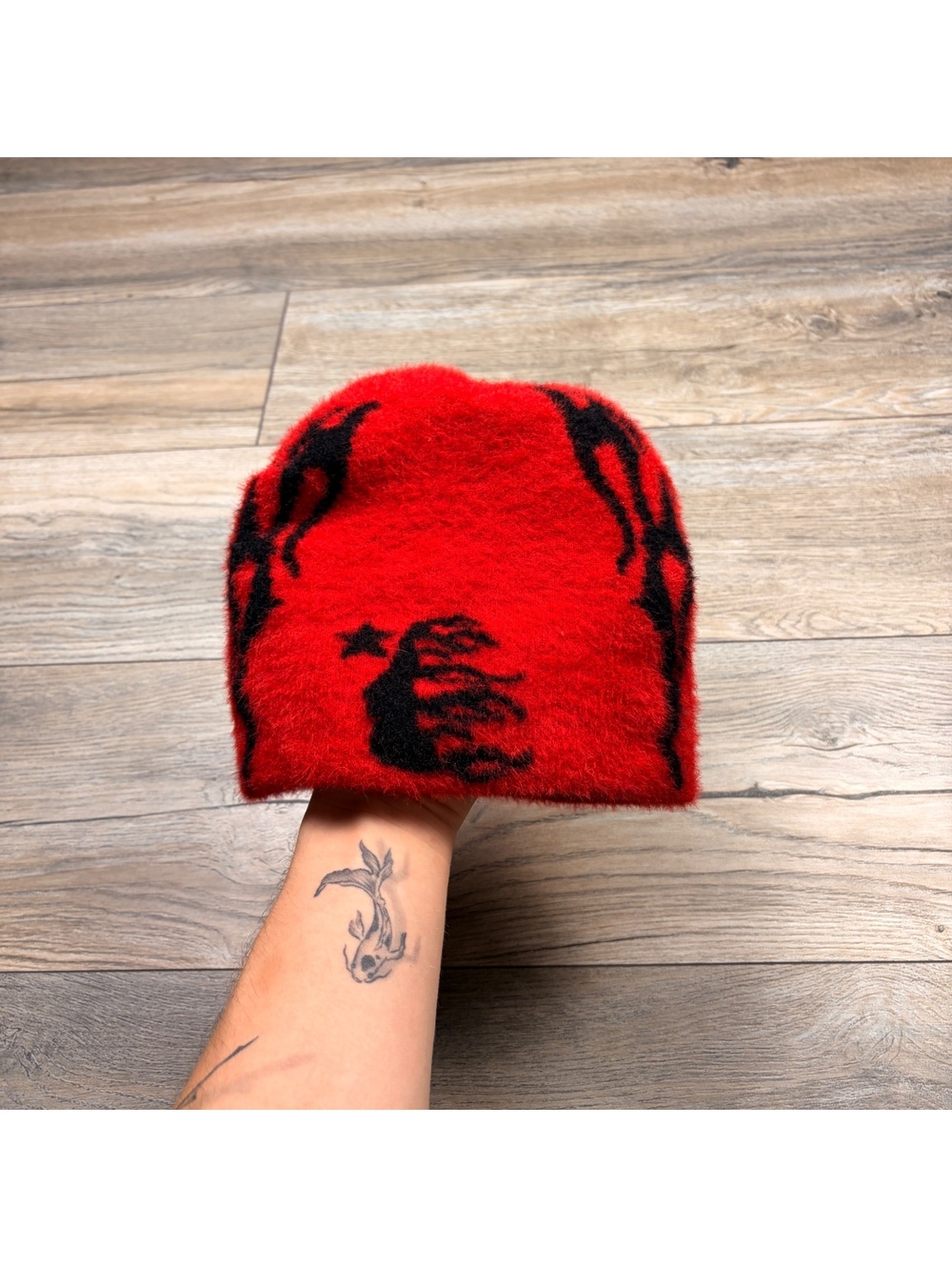 Red and Black Fuzzy Knit Beanie Hat with Graphic Design